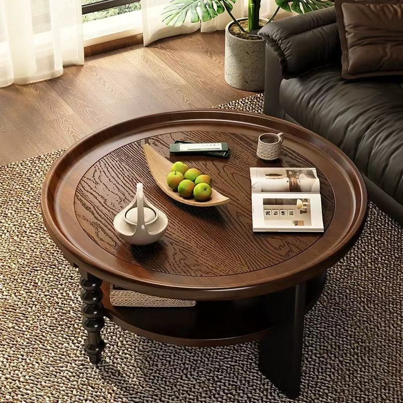 中古风实木茶几圆形法式复古轻奢2025美式茶桌家用小户型客厅边几