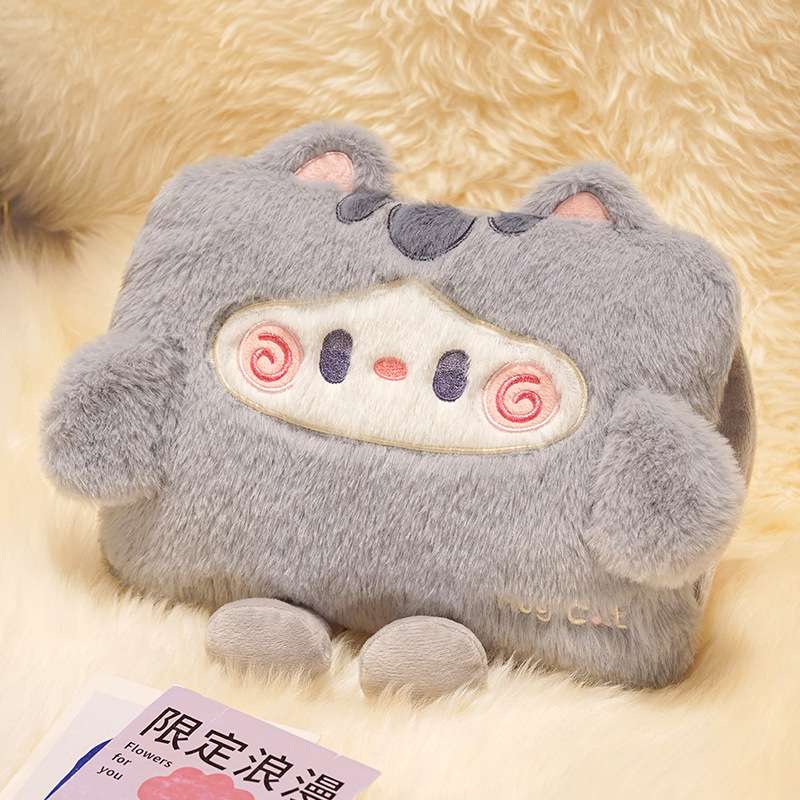 卡通抱抱猫热水袋套多功能长毛绒保暖暖手袋便捷可拆卸暖水袋外套