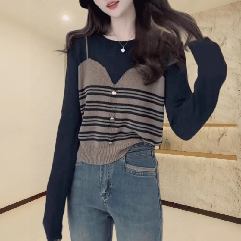网红洋气减龄撞色条纹假两件针织衫女设计感小众长袖打底上衣秋季