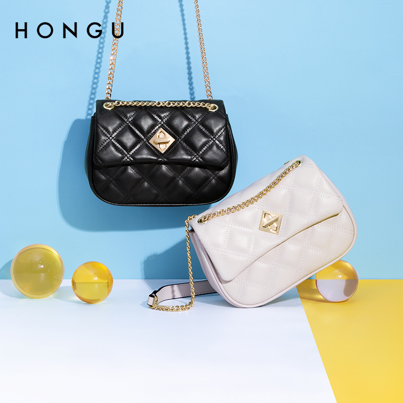 HONGU/红谷新款牛皮菱格单肩包链条包斜挎包链条小香风圣诞穿搭