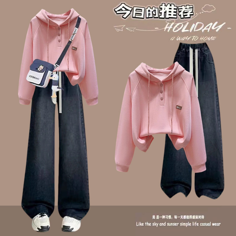 少女春秋学院风穿搭一整套青少年大童连帽初中生卫衣牛仔裤套装潮