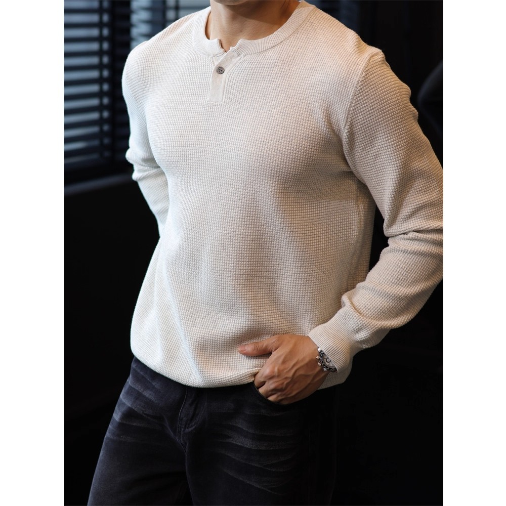 重磅肌理复古亨利领针织衫男老钱风通勤休闲长袖秋季毛衣男生