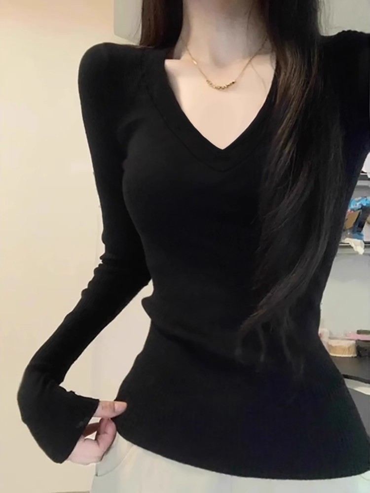 黑色辣妹纯欲V领打底衫女春秋修身显瘦内搭可外穿长袖t恤正肩上衣