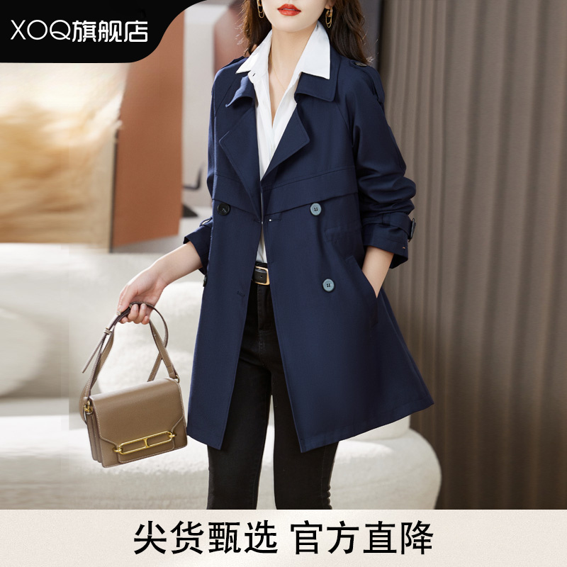 XOQ官方英伦风藏青色外套女装秋冬季中长款小个子韩系高级感风衣