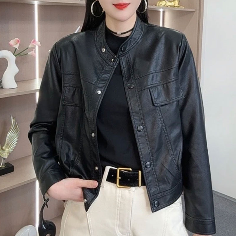 立领皮衣外套女2025秋季新款韩系纯色简约通勤百搭显瘦女装上衣潮