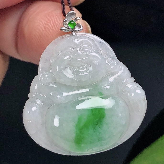 缅甸天然翡翠A货18K金扣镶嵌冰飘绿佛公吊坠精美官方正版翡翠佛公