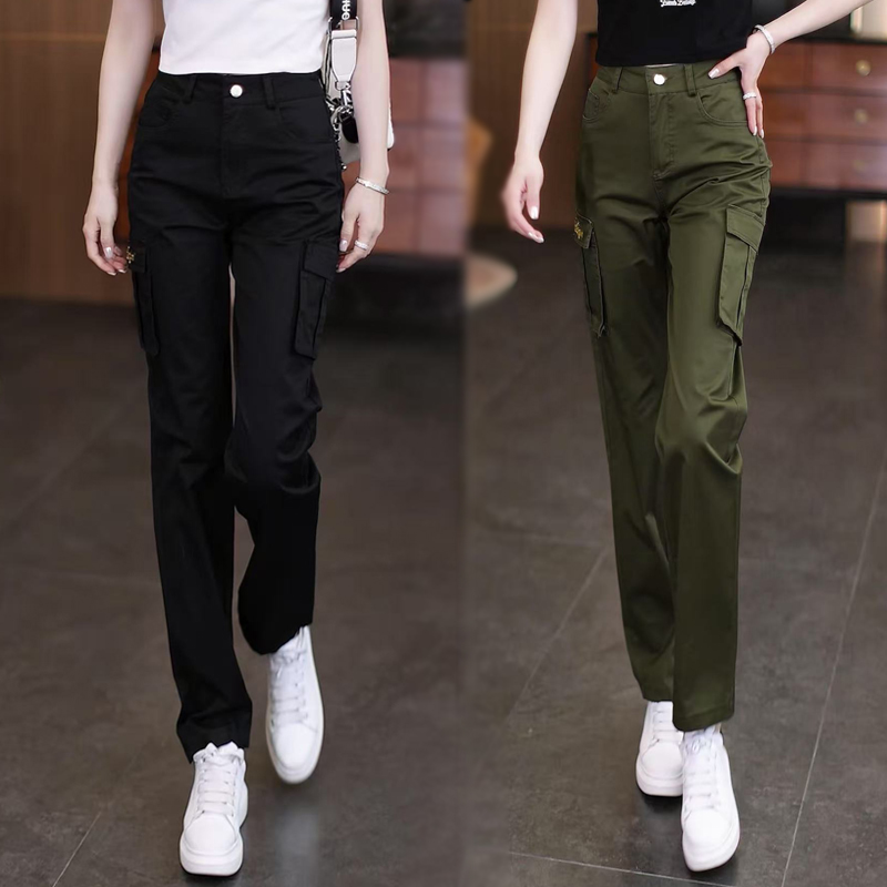 早秋工装裤女直筒裤新款韩版宽松显瘦多口袋休闲登山裤军绿长裤夏