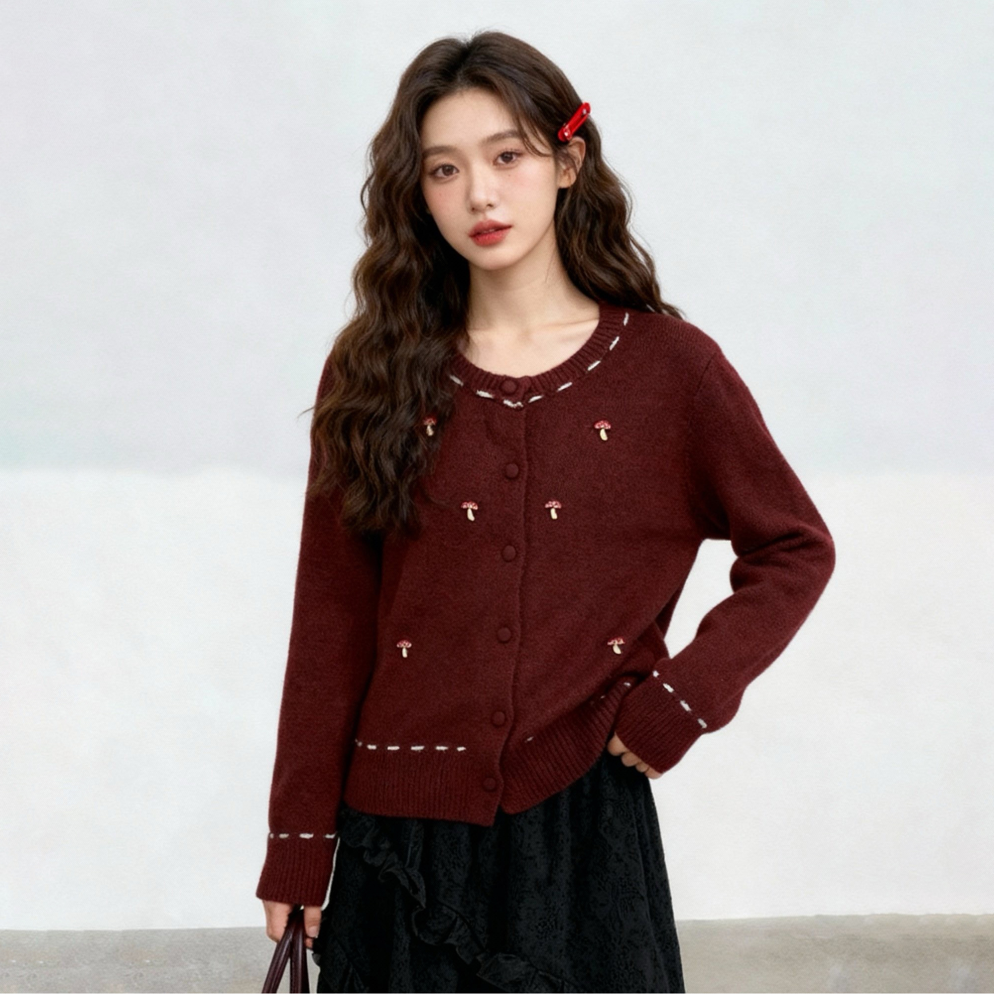 120斤的大杨 微胖女孩圣诞节红色针织开衫蘑菇刺绣宽松显瘦毛衣冬