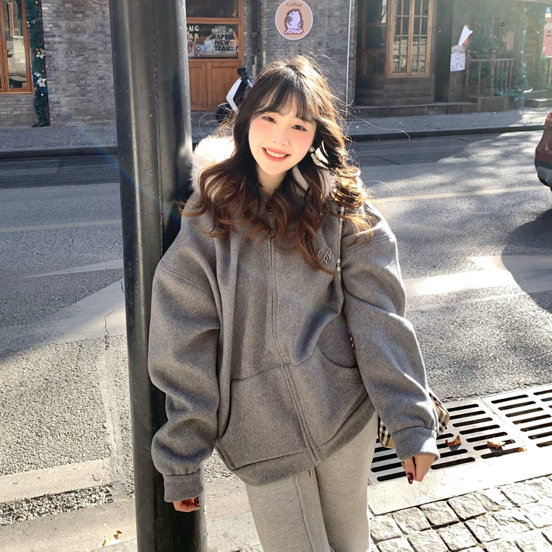 毛领连帽拉链呢子卫衣外套女秋冬韩系慵懒风宽松高级灰色毛呢大衣