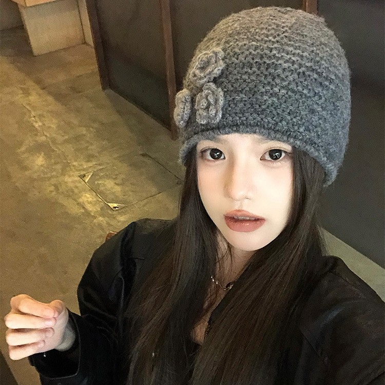 韩系立体手工花朵针织包头帽子女秋冬季大头围显脸小保暖毛线冷帽