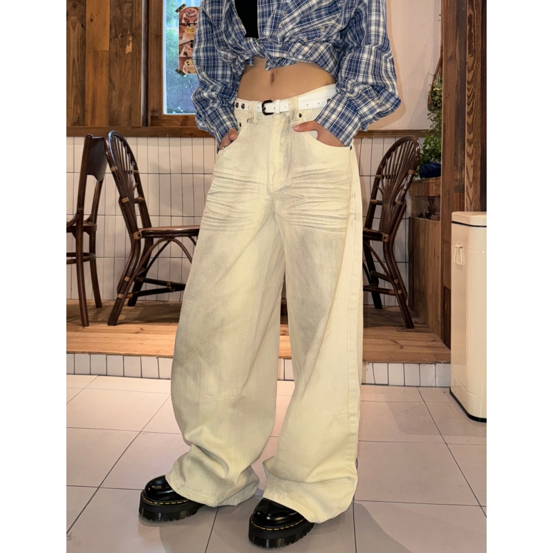 美式复古辣妹水洗做旧牛仔裤女秋季新款宽松显瘦直筒阔腿拖地长裤