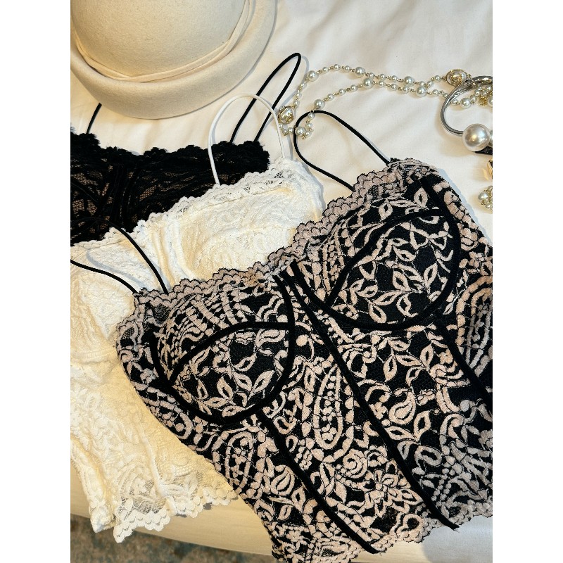 蕾丝性感吊带背心女秋冬修身带胸垫内搭白色辣妹短款打底美背上衣