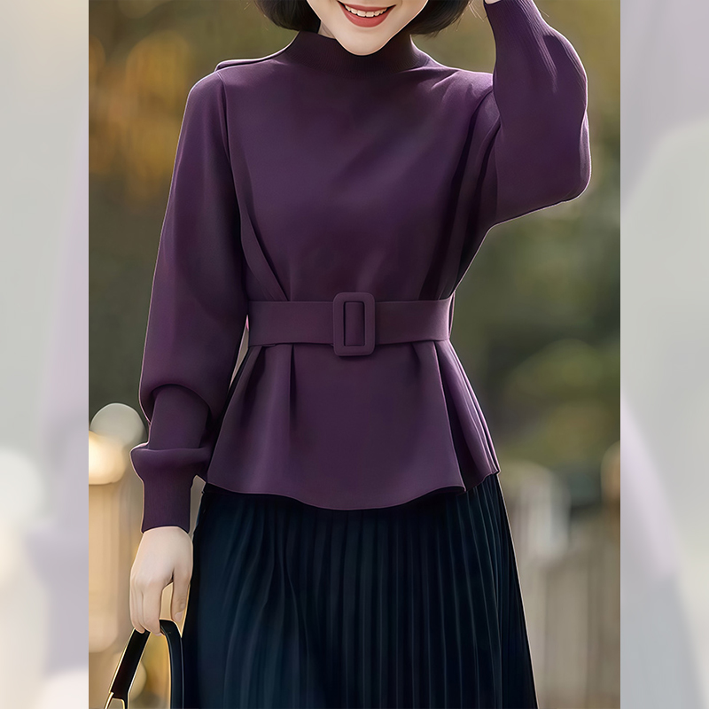 复古气质紫色长袖收腰上衣女秋冬2025新款腰带设计显瘦百搭打底衫
