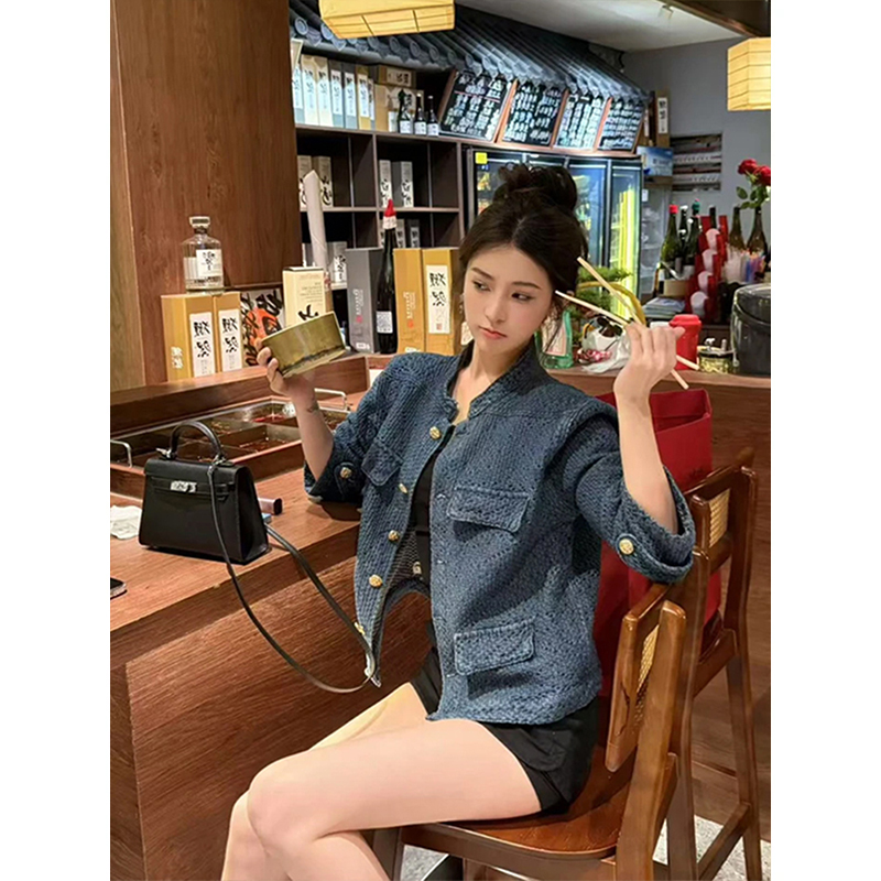 老钱调小众肌理感牛仔小香外套女秋季新款韩版气质立领百搭夹克潮