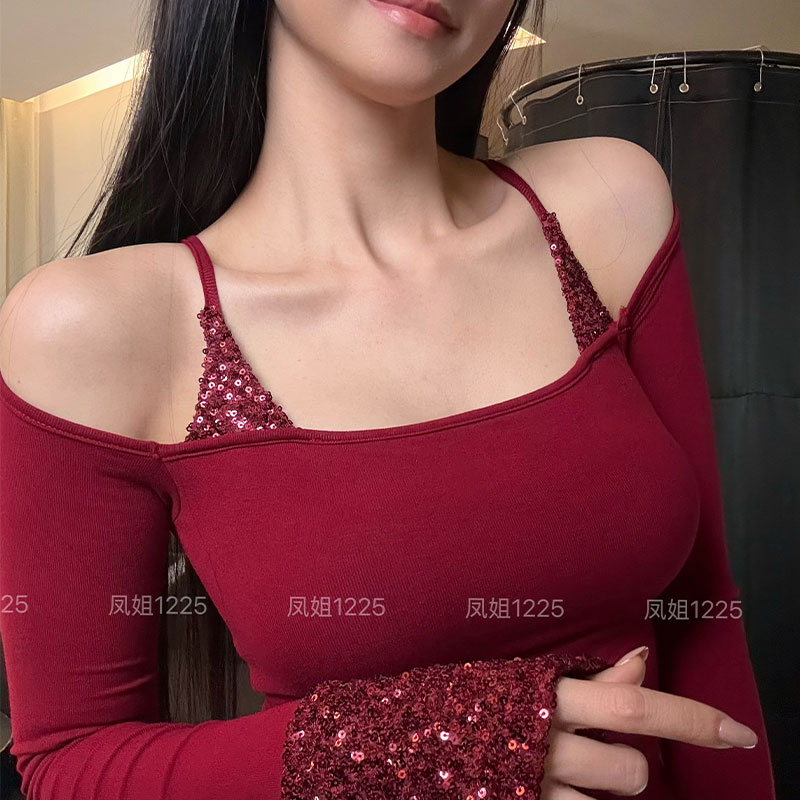 蓝达儿【可拆胸垫橡皮筋款】亮片纯欲辣妹性感修身上衣长袖打底衫