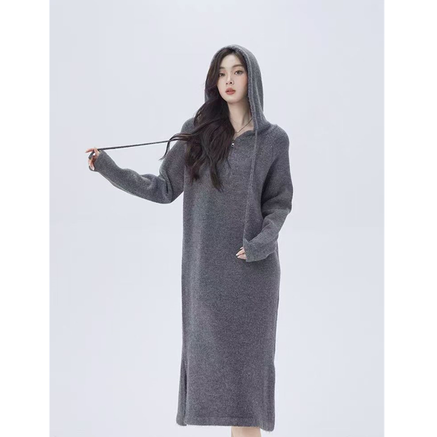 连帽针织连衣裙女秋冬中长款显瘦拉链懒人裙小个子内搭直筒毛衣裙