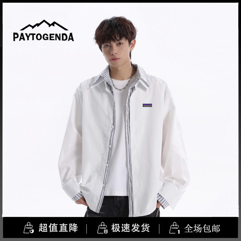 巴塔paytogenda旗舰店假两件条纹拼接长袖衬衫男女宽松衬衣外套