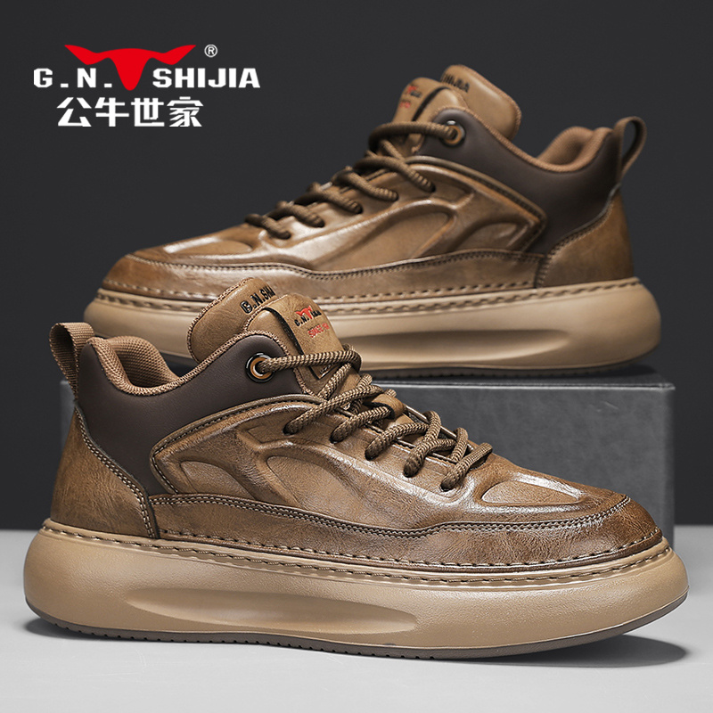 公牛世家高帮鞋男2025秋冬爆款复古休闲皮鞋厚底增高中帮老爹鞋潮