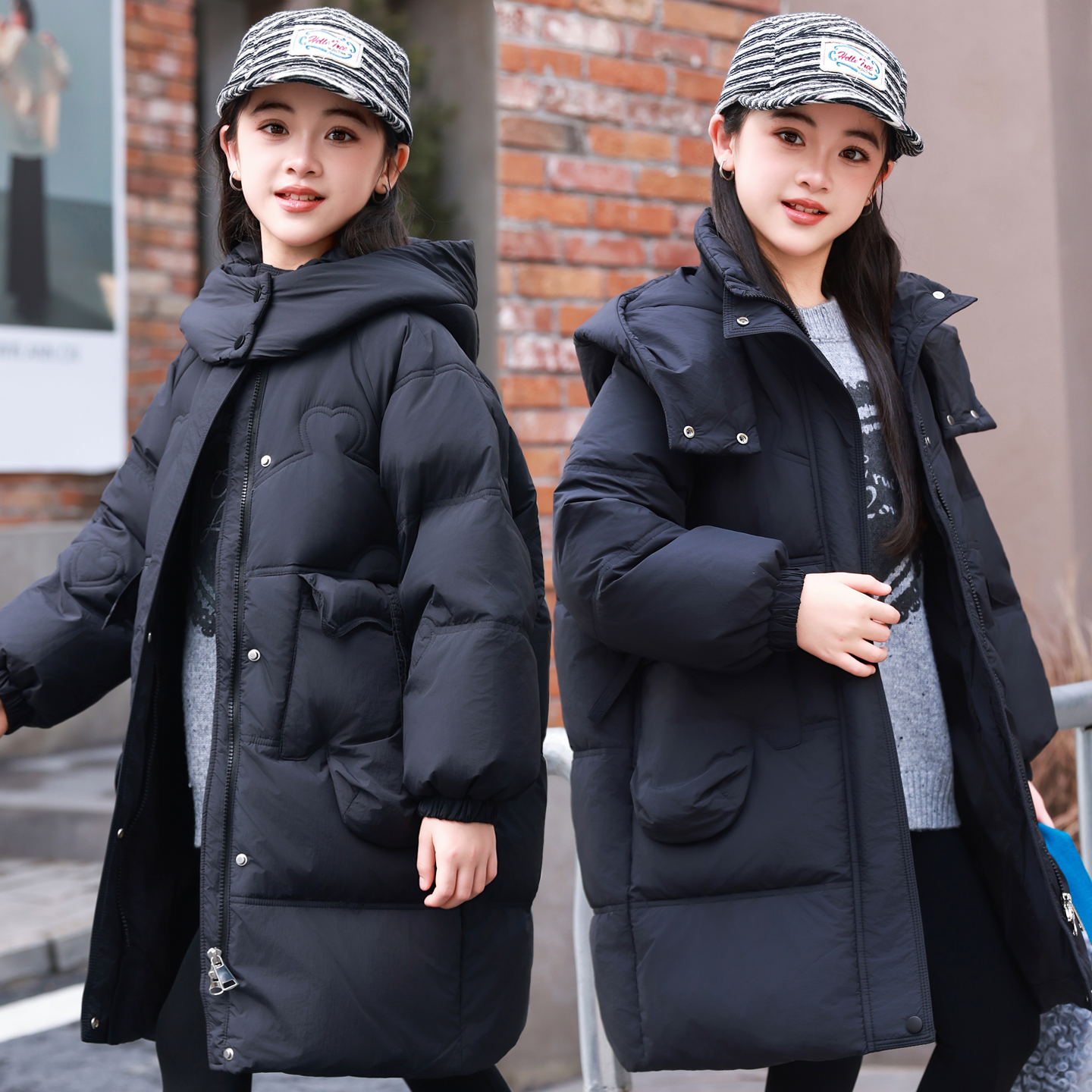 新款童装中长款儿童羽绒服女童小中大童时尚洋气加厚保暖连帽外套