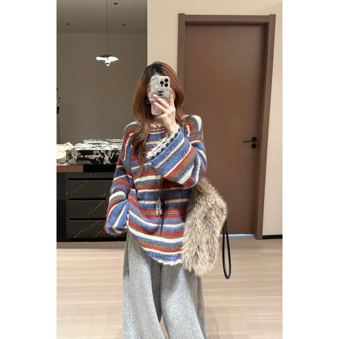 韩系复古撞色条纹毛衣女秋冬可外穿慵懒风宽松软糯针织衫内搭上衣