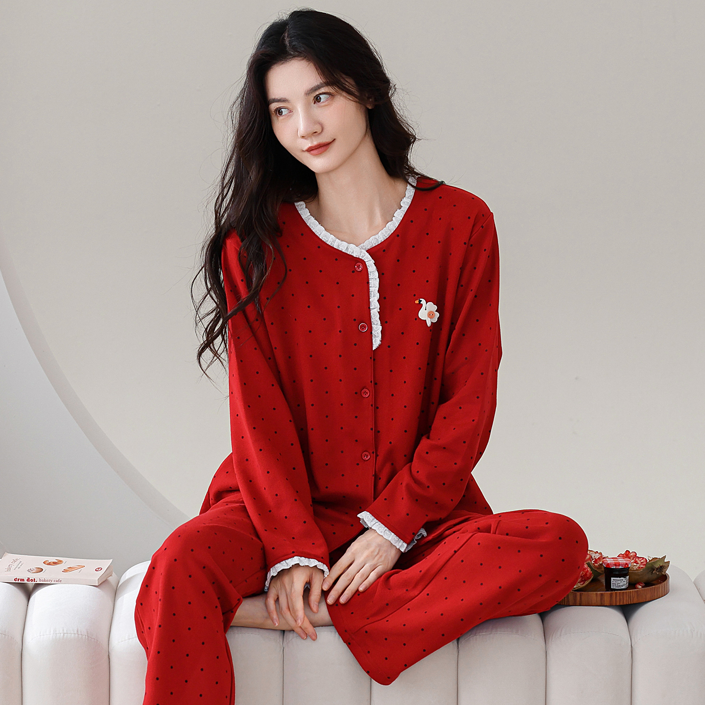 保暖睡衣女秋冬加厚羊毛蚕丝德绒开衫长袖大红新婚喜庆家居服套装