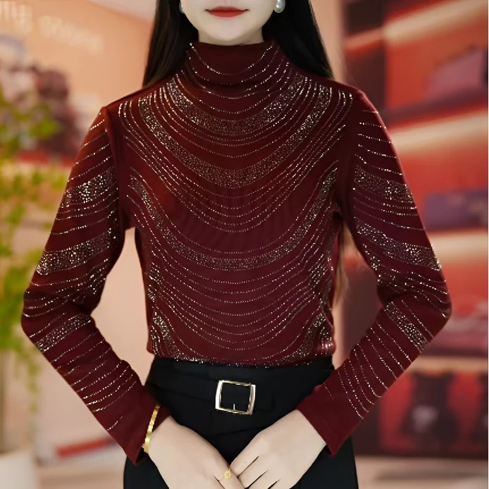 春秋新款重工烫钻显瘦洋气打底衫时尚半高领气质长袖女士修身上衣
