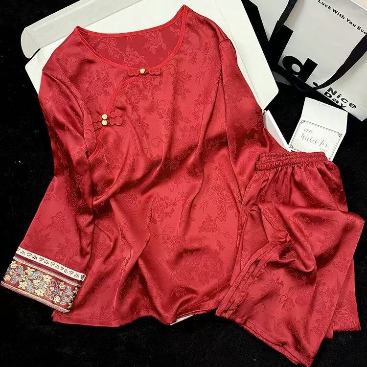 刺绣红色新中式国风睡衣女长袖春夏季薄款冰丝格格清汉家居服套装