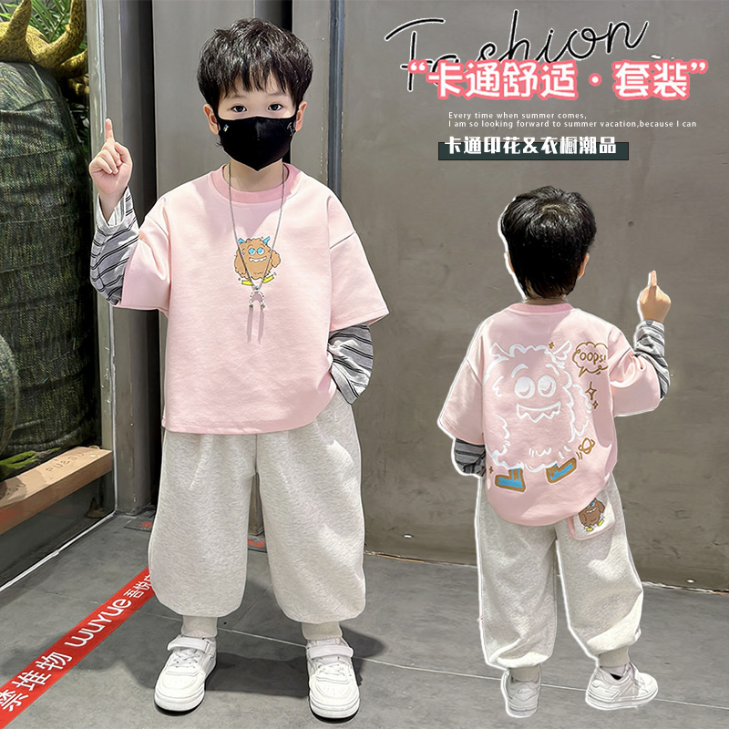 男童春秋款套装儿童宝宝假两件长袖T恤打底衫小男孩卫裤休闲衣服