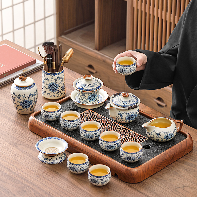 汝窑功夫茶具套装2025新款青花办公室高档家用盖碗泡茶壶茶具S