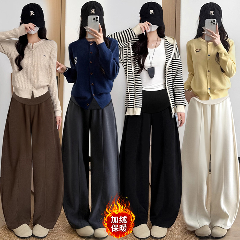 孕妇裤子秋冬季加绒灯芯绒休闲阔腿裤新款显瘦糯米外穿宽松弯刀裤