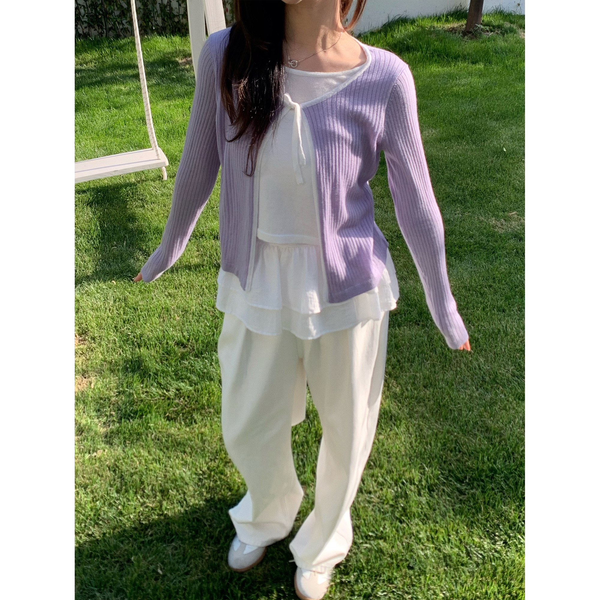 ANA【层次美学】羊毛混纺马卡龙撞色拼接假两件春秋长袖针织开衫