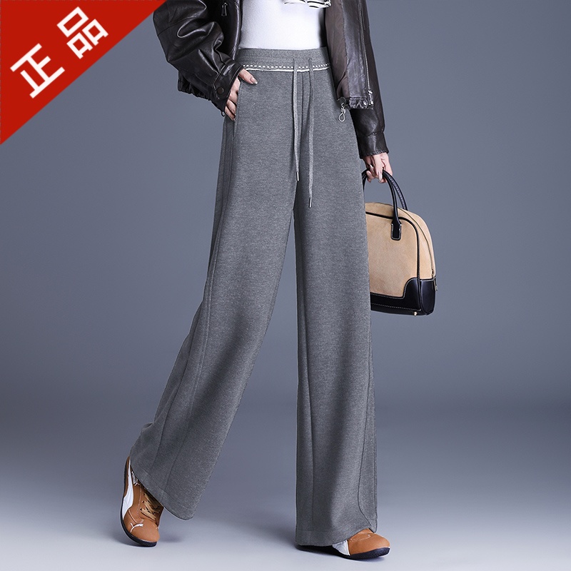 2025正品高端加厚羊毛阔腿裤女秋冬新款时尚松紧高腰直筒休闲长裤