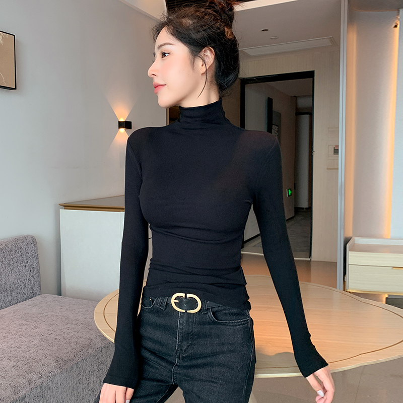 黑色高领打底衫女长袖内搭2023秋冬新款修身洋气百搭螺纹上衣薄款