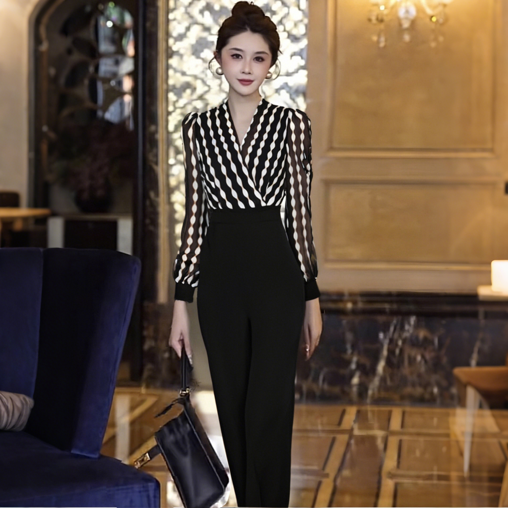 A2025年新款女装连体裤显瘦收腰气质时尚百搭长袖连体裤女D3132