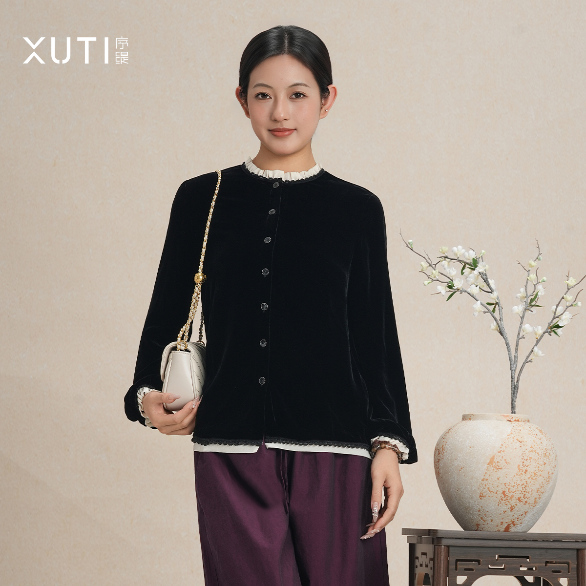 序缇100%桑蚕丝 国风新中式长袖上衣女2026新款H117-28125