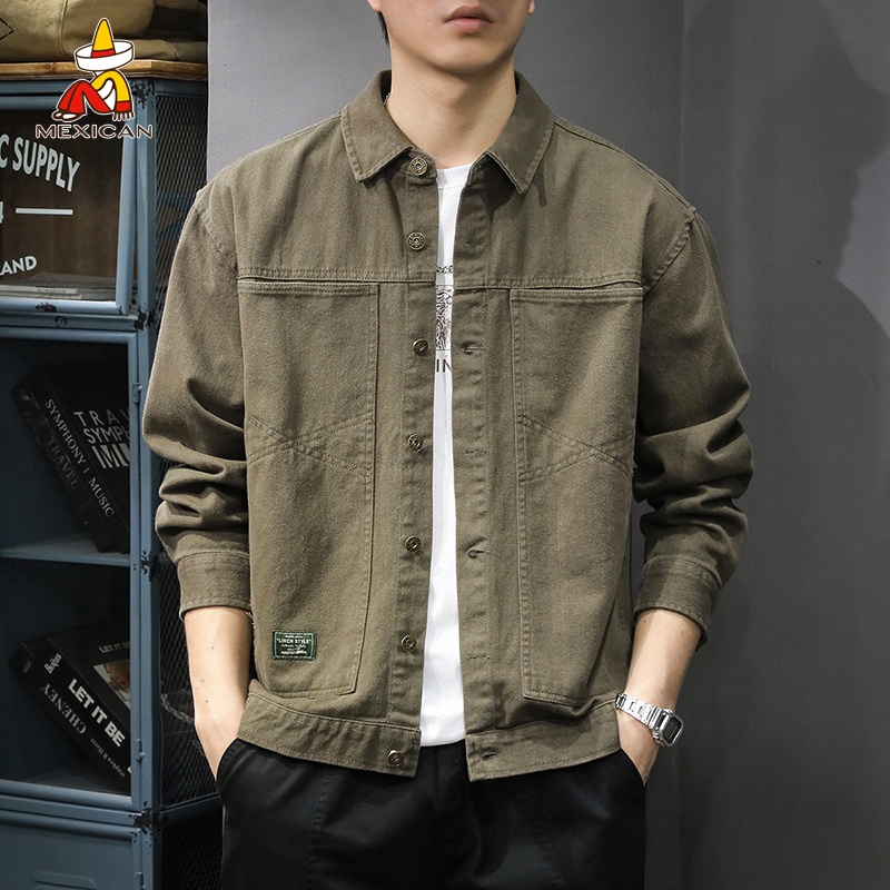 Mexican/稻草人秋季新款纯棉工装长袖衬衫男美式复古宽松夹克上衣