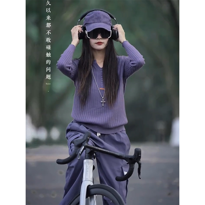 韩系紫色长袖针织上衣女2025春秋季新款小众设计感修身内搭打底衫