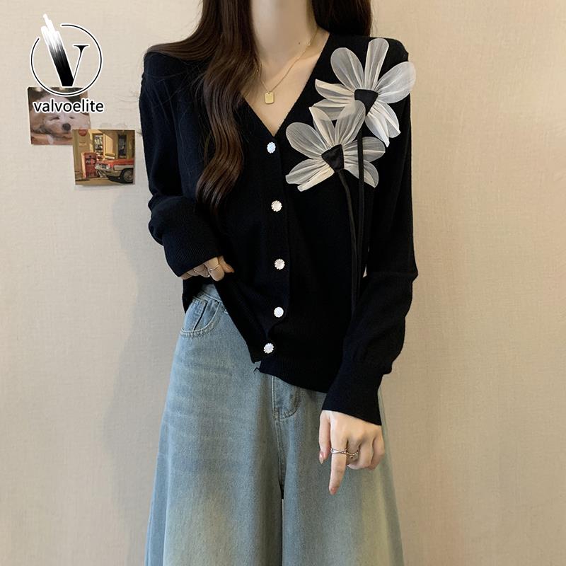 VALVOELITE大尺码花朵针织开衫毛衣外套女秋胖显瘦高级感打底上衣