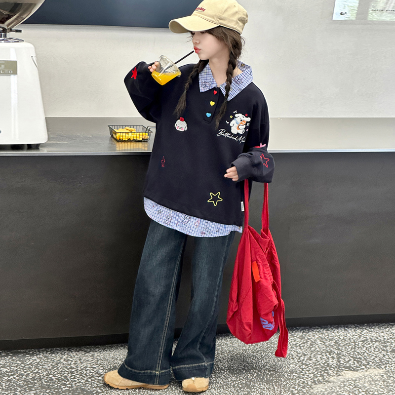 女童春秋款假两件Polo衫卫衣牛仔裤套装中大童时髦洋气儿童秋装潮