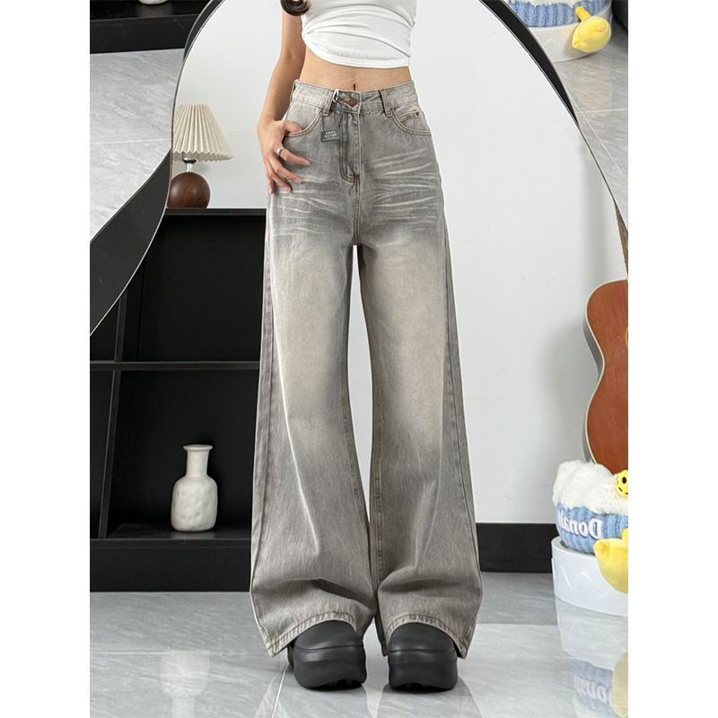 摩卡灰设计感波纹垂感牛仔裤女秋季新款高个子宽松显瘦百搭直筒裤