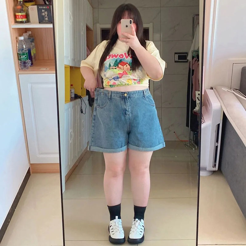 300斤苹果型身材胖mm大码女装牛仔短裤女夏季裤子遮肉显瘦五分裤