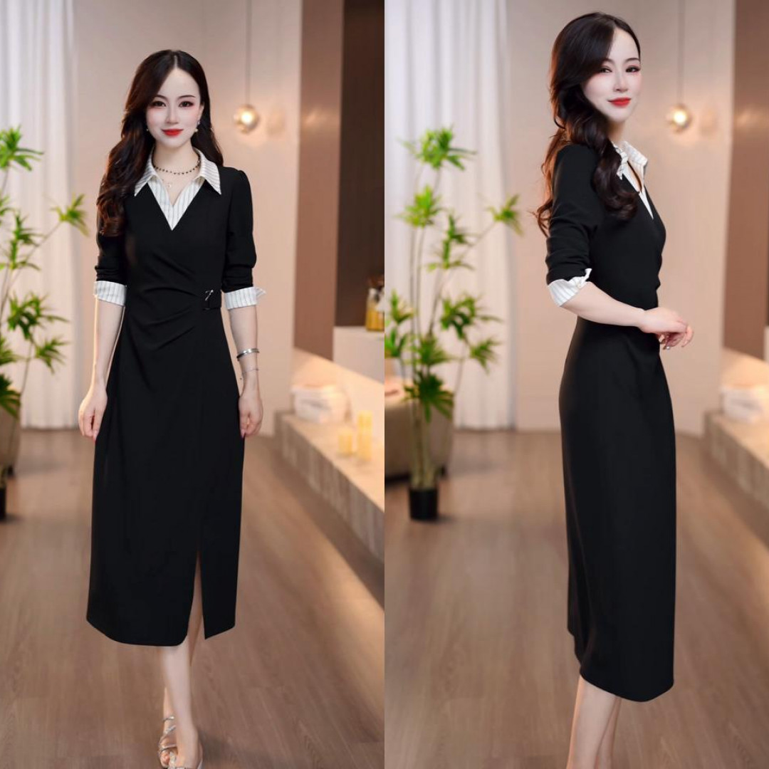 2025秋季新款气质女神范黑色衬衫领拼接时尚收腰显瘦连衣裙M-4XL