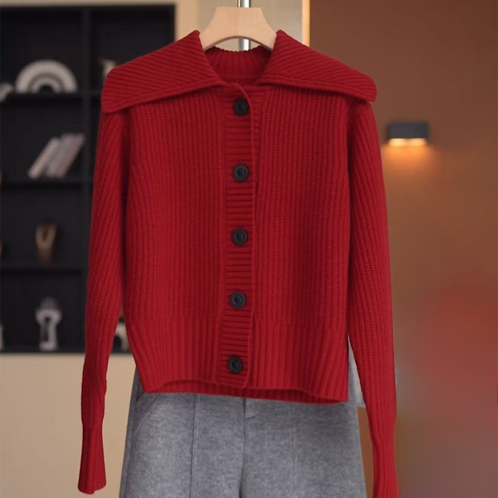 女士翻领红色毛衣外套秋冬季慵懒高级感软糯显瘦针织开衫外穿上衣