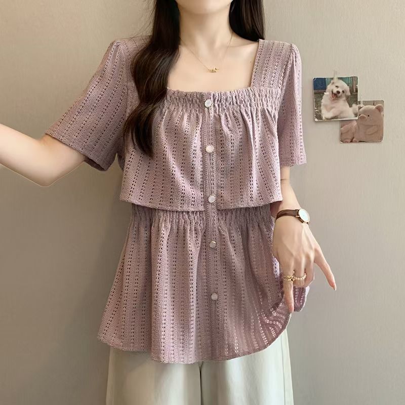 【带运补】大码法式方领镂空衬衫女夏季荷叶边短袖小衫胖MM遮肉上衣