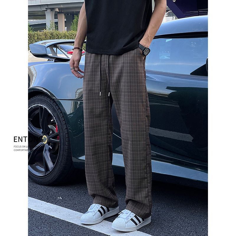 Entong美式复古抽绳直筒格子裤男生显瘦垂感休闲裤子百搭舒适长裤