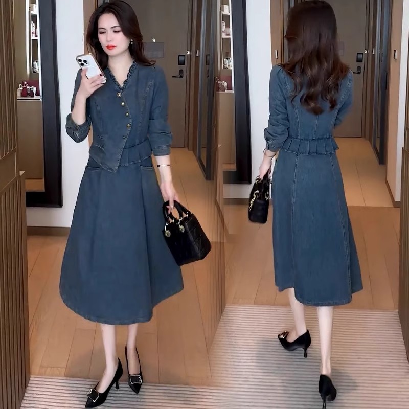 时尚牛仔连衣裙女2025春季新款洋气收腰显瘦假两件拼接中长款裙子