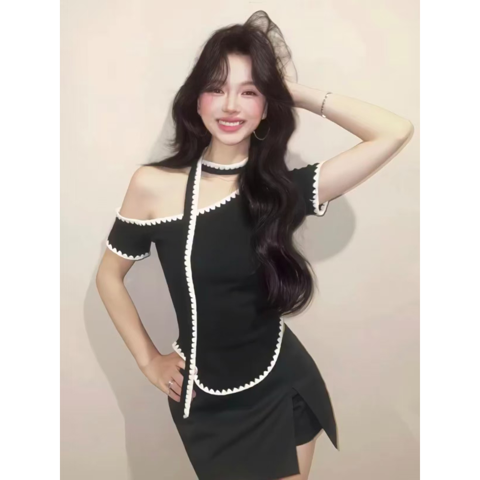 韩系纯欲撞色拼接辣妹修身显瘦短袖t恤女夏季小众设计感绝美上衣