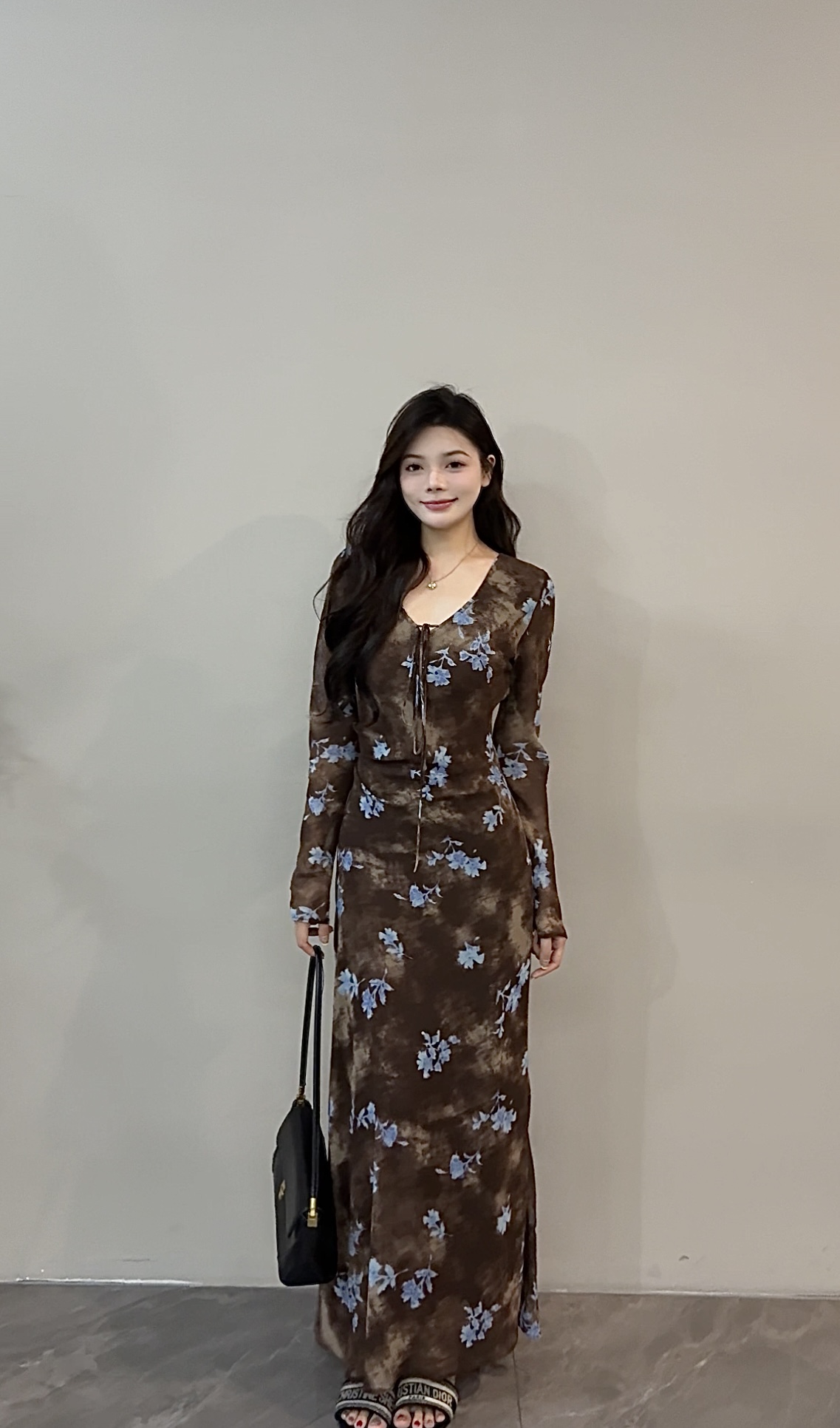 【苏苏】 初秋新款气质长裙时尚扎染印花连衣裙绑带复古法式DT1525