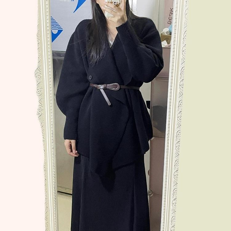 秋衣大码胖mm修身针织衫夹克半裙黑色高级女装套装