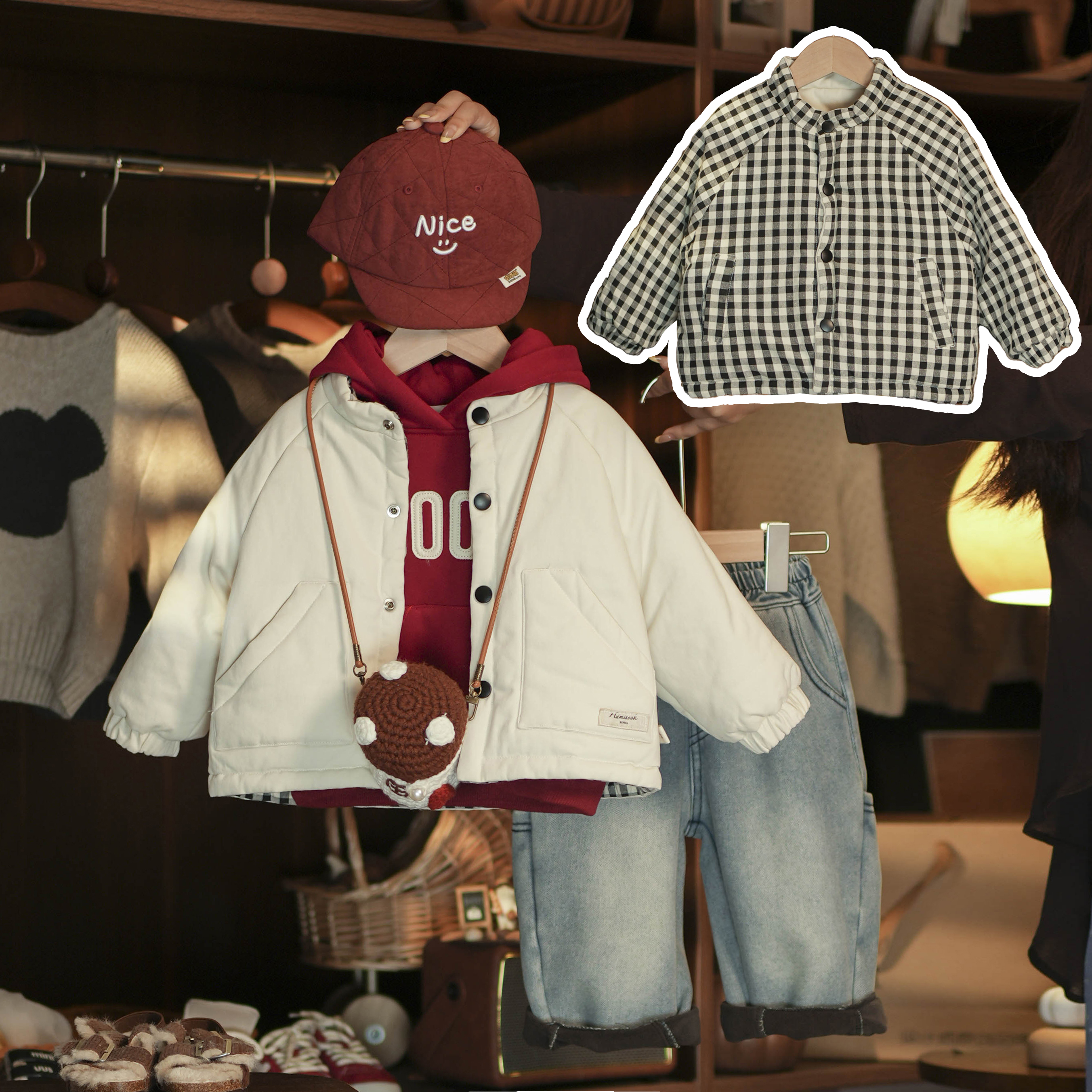 【俩只橙】《冬》小甜豆~两面穿贴布棉服+连帽加绒卫衣+加绒弯刀裤